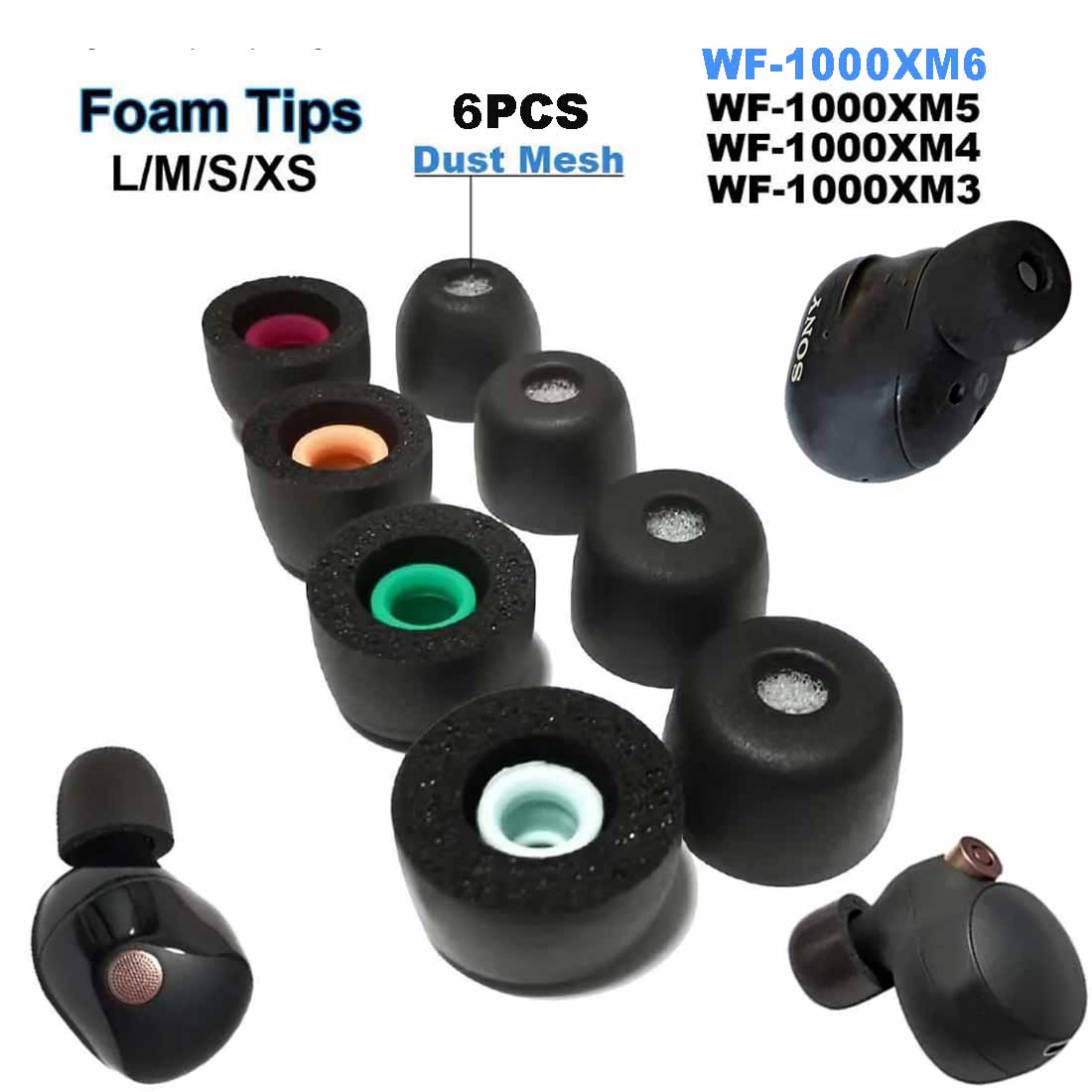 Earphone Foam Tip - 6 個の低反発イヤーチップクッションイヤフォンソニー WF-1000XM6 WF-1000XM5 WF-1000XM4 WF-1000XM3